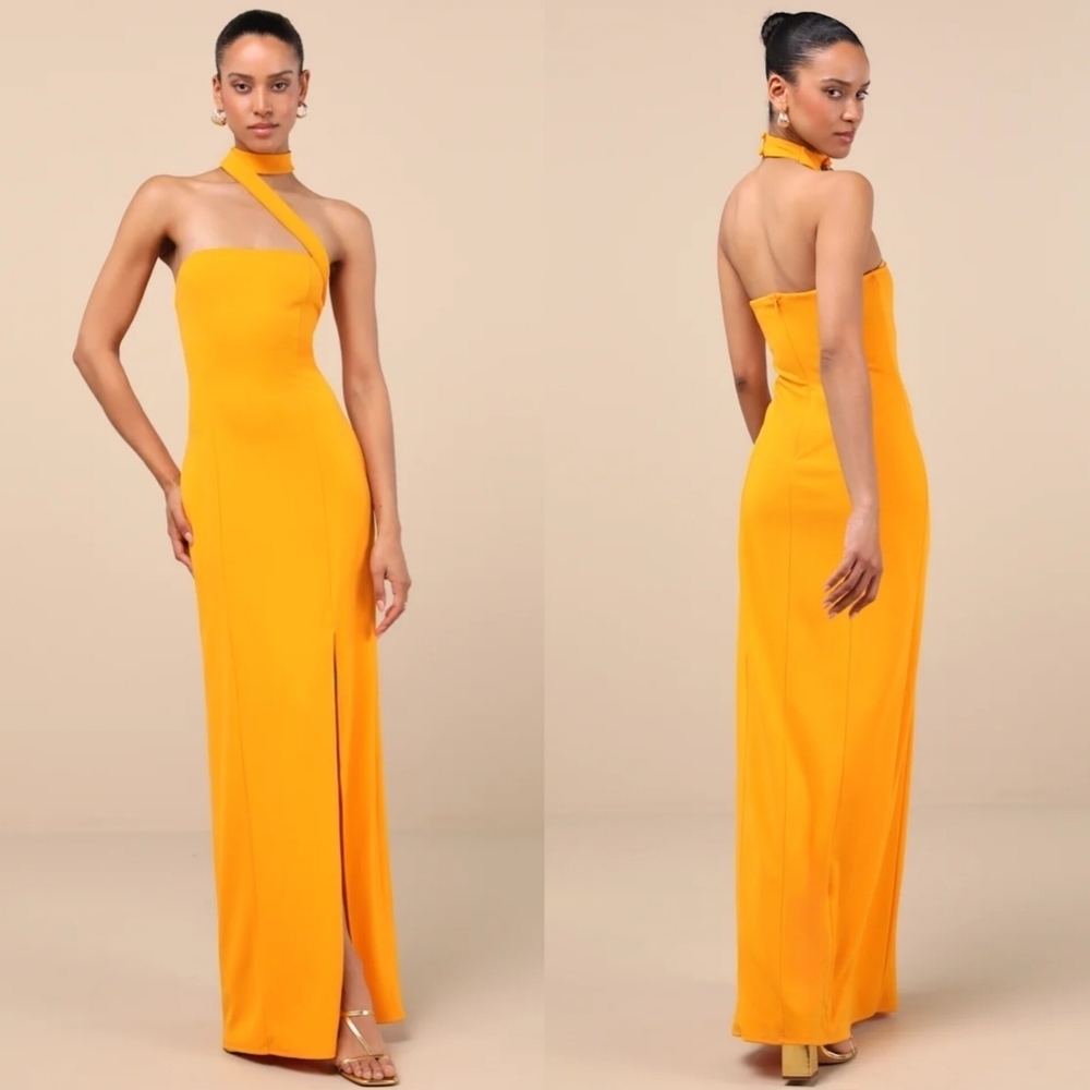 Lulus Seraphina Golden Yellow Asymmetrical Column Maxi Dress M Wedding Party